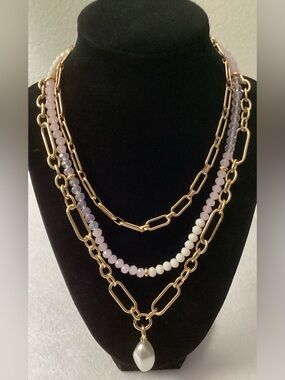 On 34th  Layered Gold Chain Necklace with Pink and White Beads and Pearl Pendant